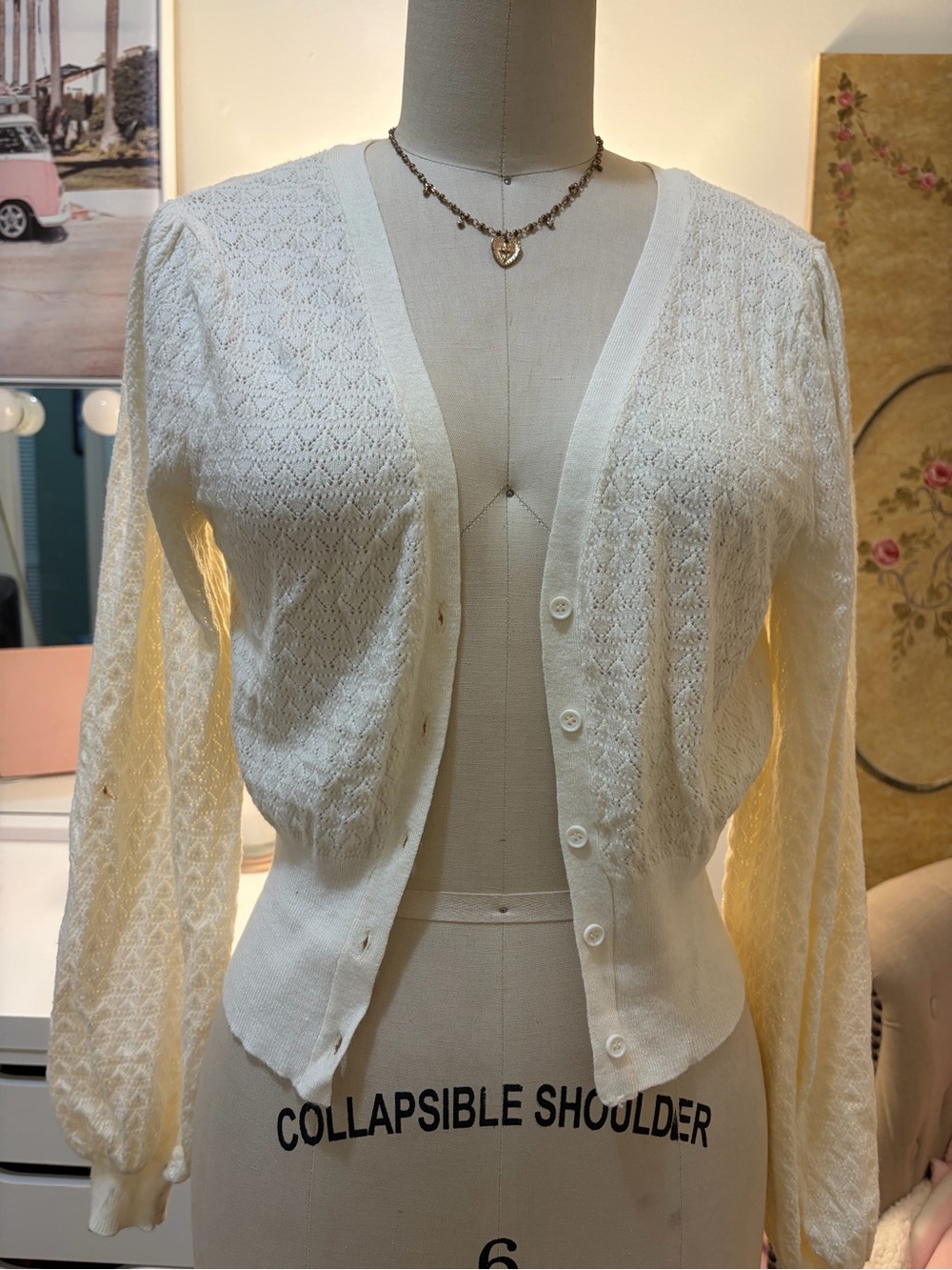 Studio 1940 Cream Openwork V‑Neck Button Cardigan